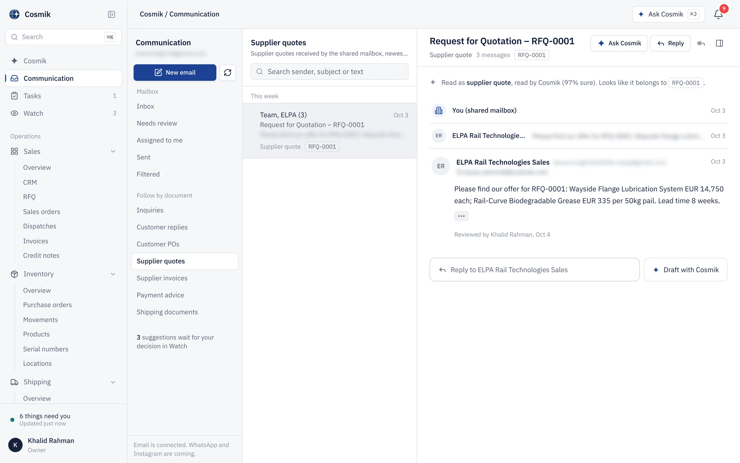 The shared mailbox: a supplier's email read by Cosmik as a supplier quote, 97% sure, and linked to RFQ-0001, with buttons to reply or draft a reply with Cosmik.