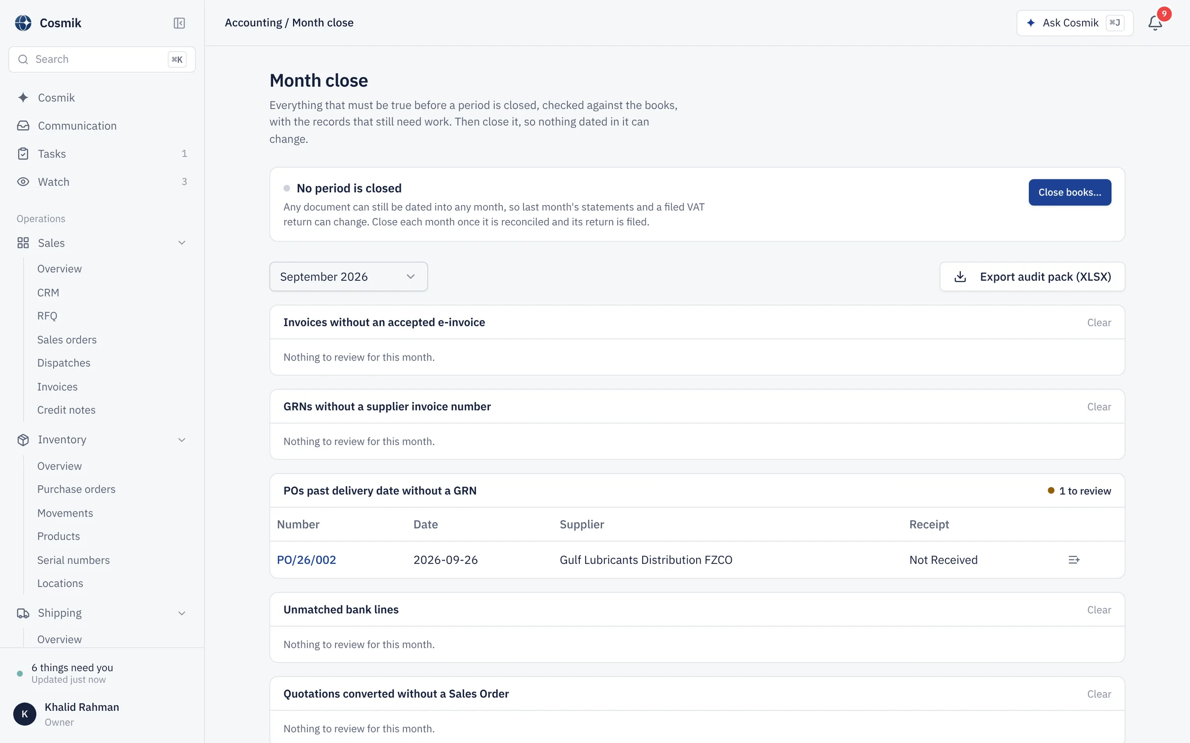 Month close for September 2026: checks that must be clear before closing the period, such as invoices without an accepted e-invoice and purchase orders past delivery without a receipt, and an audit pack export.