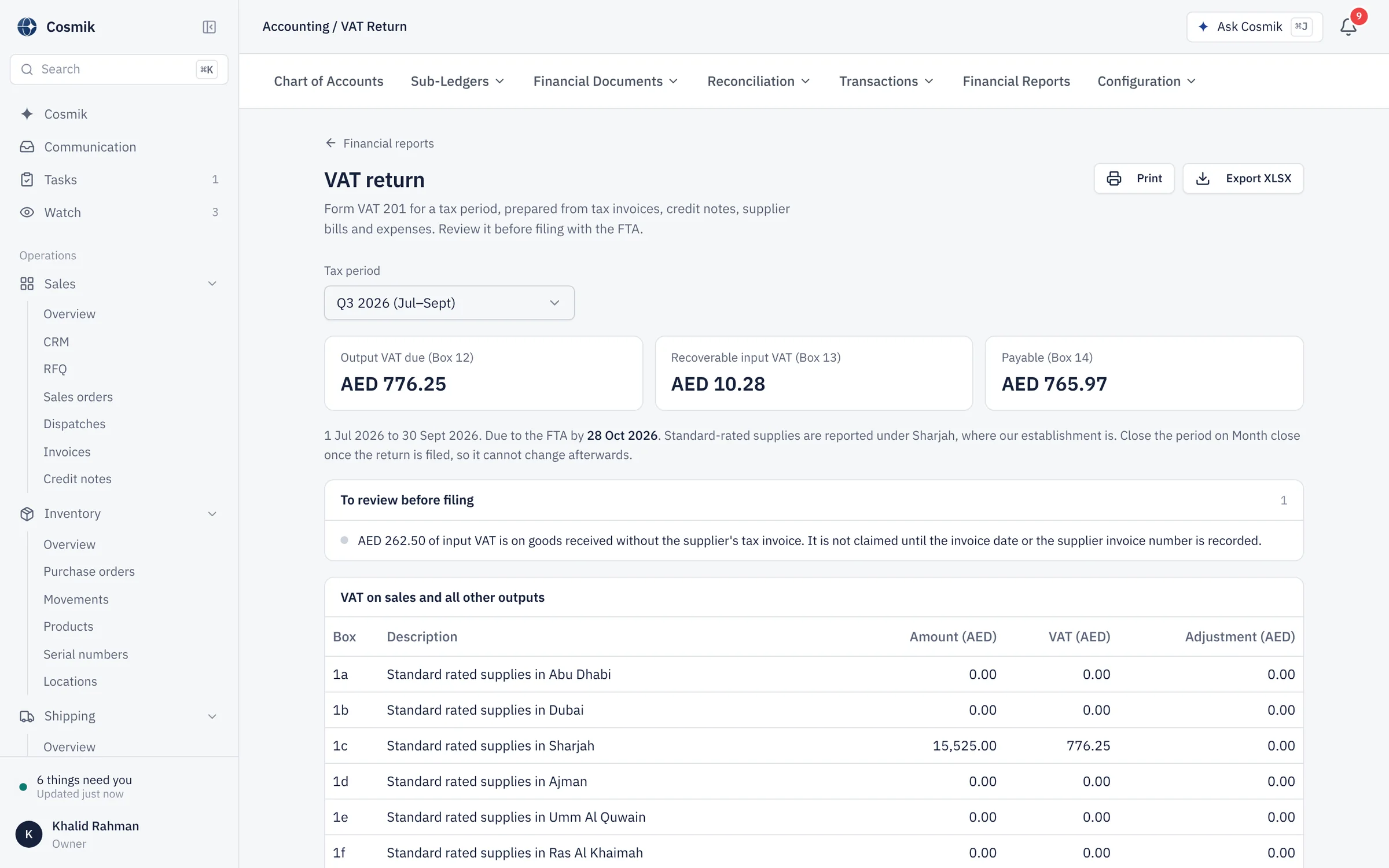 The VAT return, Form 201, for Q3 2026: output VAT due, recoverable input VAT and the amount payable, the due date, an item to review before filing, and VAT on sales by emirate.